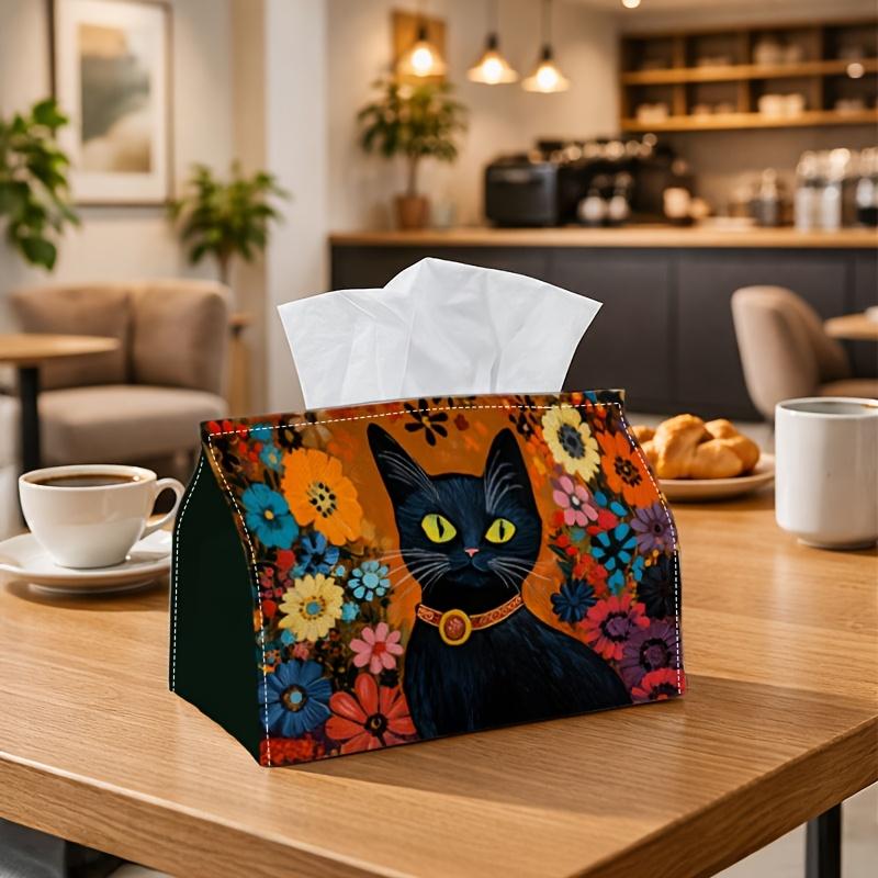 1pc Tissue Box Holder with Artistic Folk Art Cat Black Design-Floral Animal Pattern Orange,Durable Polyester,Ideal for Kitchen,Living Room,Bedroom,Bat