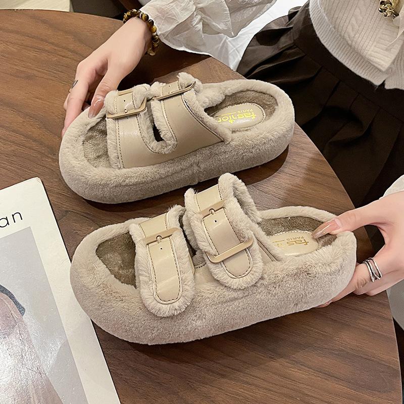Fashion Korean Belt Buckle Designer Fur Slippers for Women Fashion Casual Autumn Winter Cotton Slippers Shoes Ladies