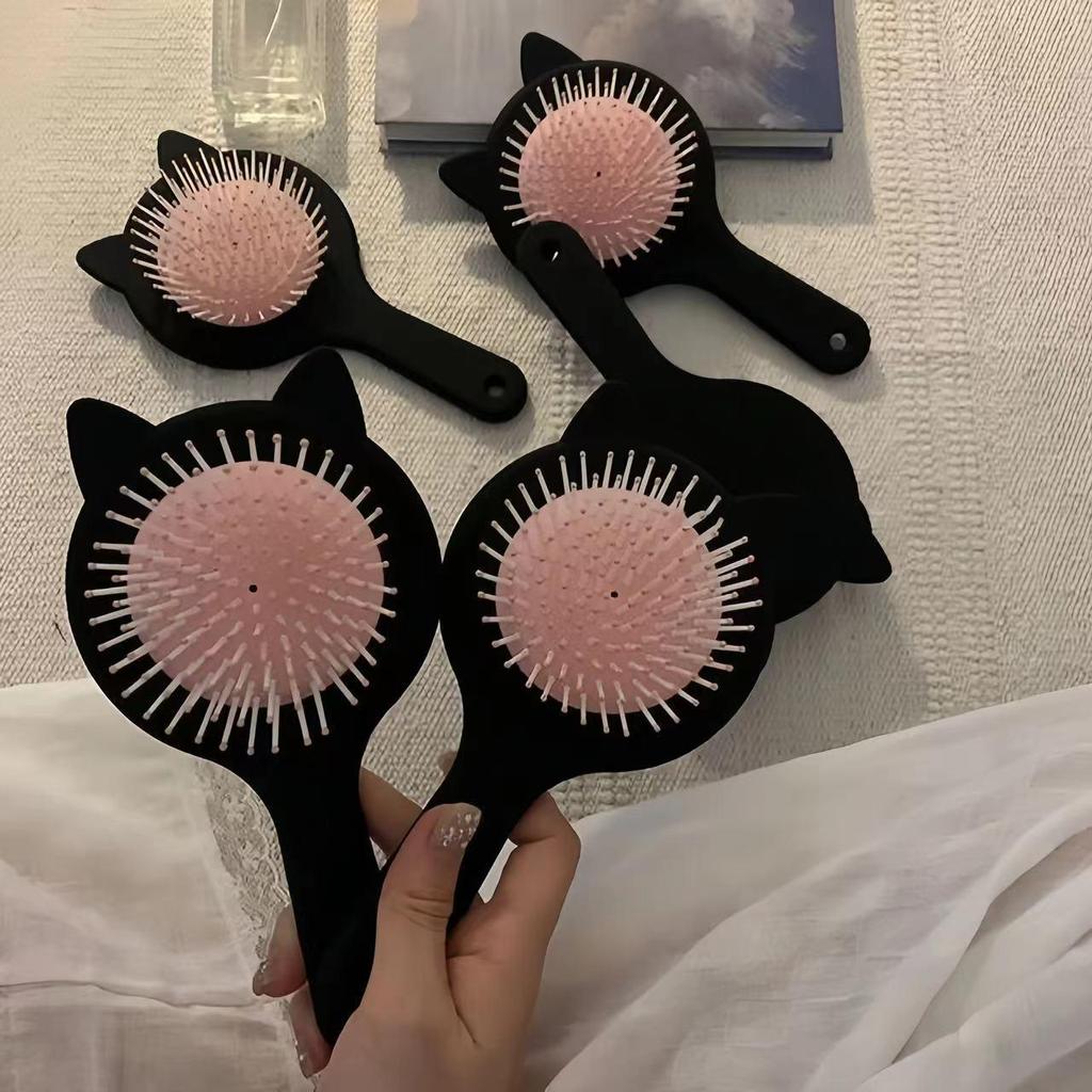 Women's Black Cat Ear Cushion Massage Comb – Portable, Smooths Hair