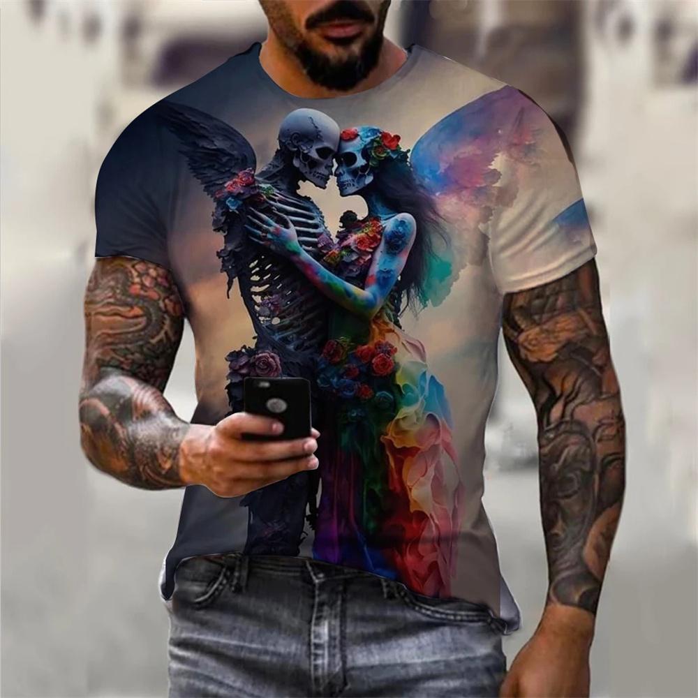 Men's T-shirt Double Skull Printed T-shirt Pattern T-shirt Men's Summer Clothing Short Sleeve T-shirt