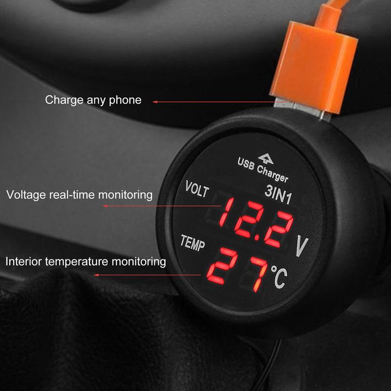 Dijital LED Araç Çakmak Voltmetre Termometre Araba Kamyon USB Şarj Cihazı 12V/24V Sıcaklık Ölçer Voltmetre 3'ü 1 arada