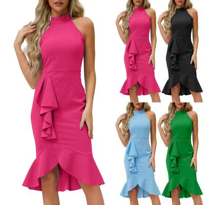 Women's Sexy Bag Hip Slim-fit Stand Collar Solid Color Sleeveless Ruffled Fishtail Skirt Dress