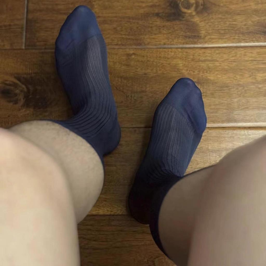 Zhou Milk Cover Men's Textured Striped Nylon Mid-Calf Stockings with Heel Support