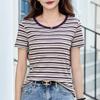 Women's Summer New Striped Short-sleeved Collision with Colourful Wildcard Round Neck Chic Blouse Slim Bottoming Casual T-shirt