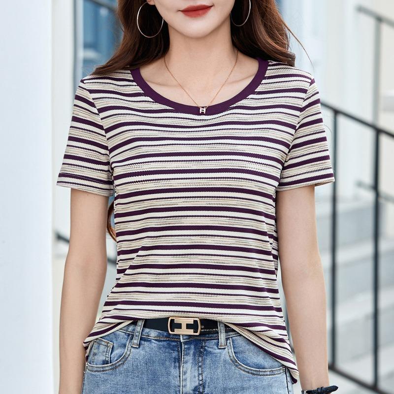 Women's Summer New Striped Short-sleeved Collision with Colourful Wildcard Round Neck Chic Blouse Slim Bottoming Casual T-shirt