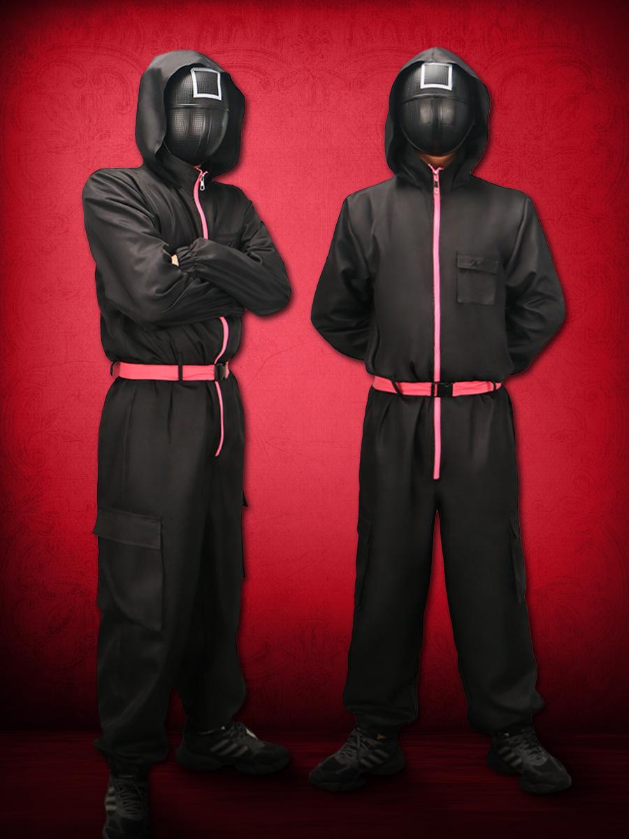 

Child and Adult Black Squid Game Villain Administrator Team leader Cosplay Costume with Masks Adult Halloween Party Jumpsuits S