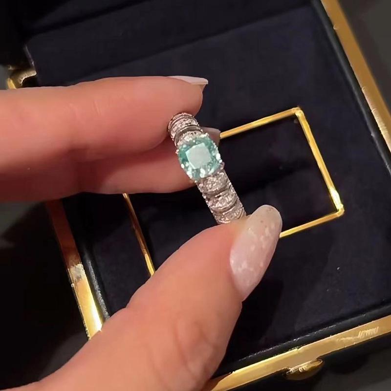 Luoxi Temple Jewelry 2024 S925 Silver Inlaid 6*6mm Paraiba European-American Light Luxury Ring