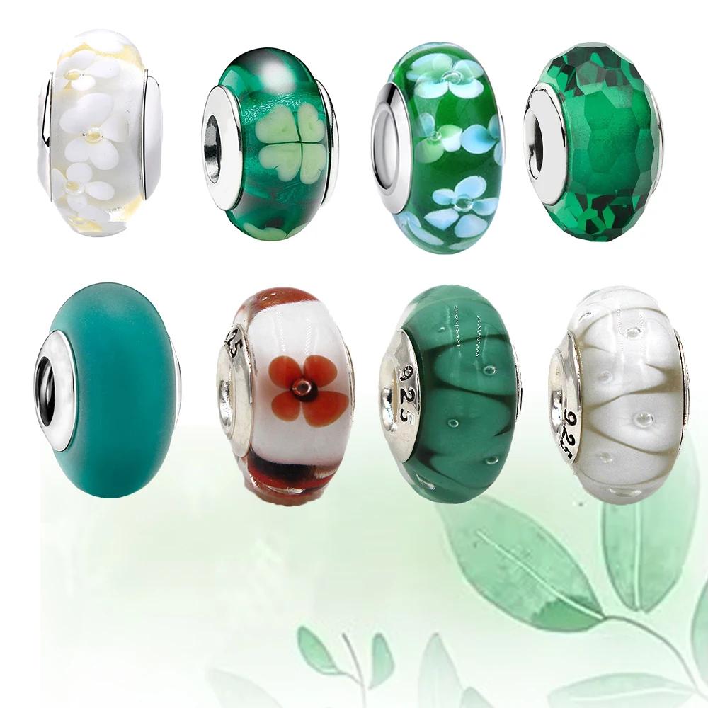 Copper Metal Green Collection Flower Four Leaf Clover Murano Glass Charm Bead Component Compatible With Bracelet High Quality Fine Jewelry Women Do