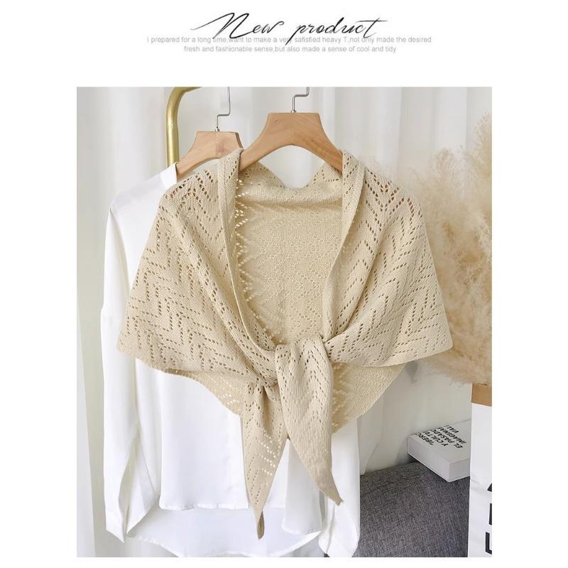 Korean Japanese Style Solid Striped Hollow Large Triangle Scarf For Women