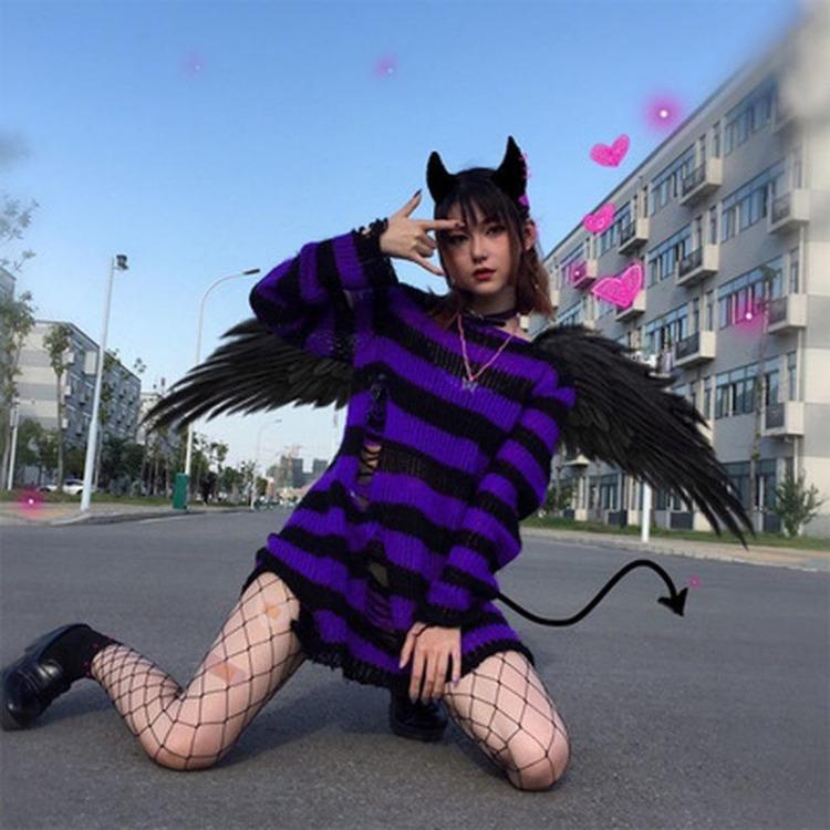 Unisex Women Cool Thin Loose Gothic Striped Long Jumper Dark Punk Streetwear Hollow Out Top Broken Hole