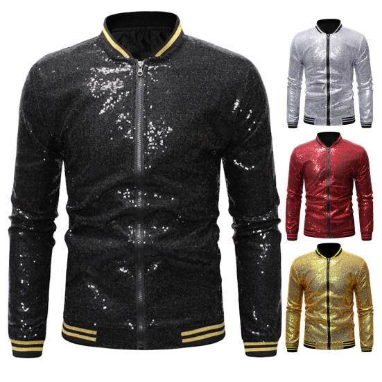 Herren-Paillettenjacke, Stehkragen, glänzend, lange Ärmel, schmale Passform, Reißverschluss, Strickjacke, mittlere Länge, Bühnenshow, Tanz-Performance-Mantel