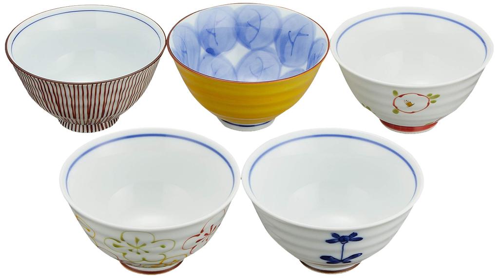Hasami Fukumine Assorted Designs Rice Bowl 52549 Ware, Kiln, (small), 5-piece Set,