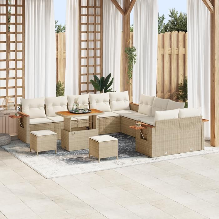 Ensemble de canapé de jardin 13 pièces avec coussins beige poly rattan acacia, Ensemble de salle à manger de jardin 3 pièces 3365186