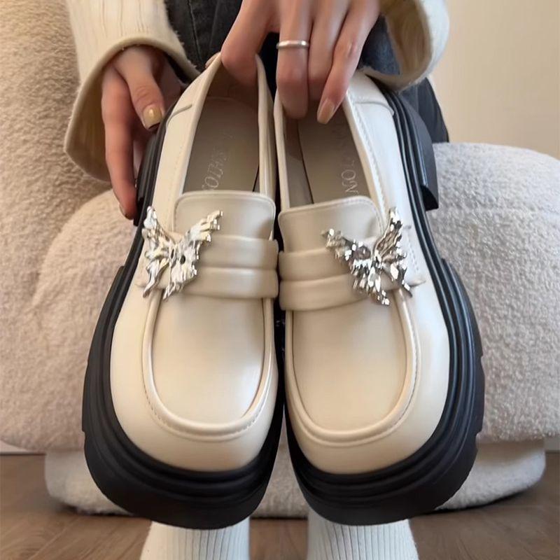 

Fairy Style Bow White Loafers: Women s Thick Sole Mary Jane Shoes for Height Increase 35