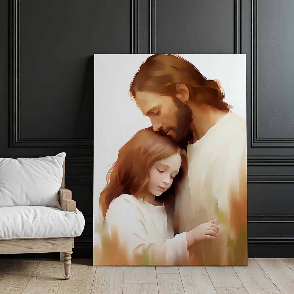 Objęcia Miłości - Jezus I Dziewczynka Objęcia Miłości - Jezus I Dziewczynka, 50X70 Cm, Rama Aluminiowa Czarna, Papier Matowy 230 Gsm