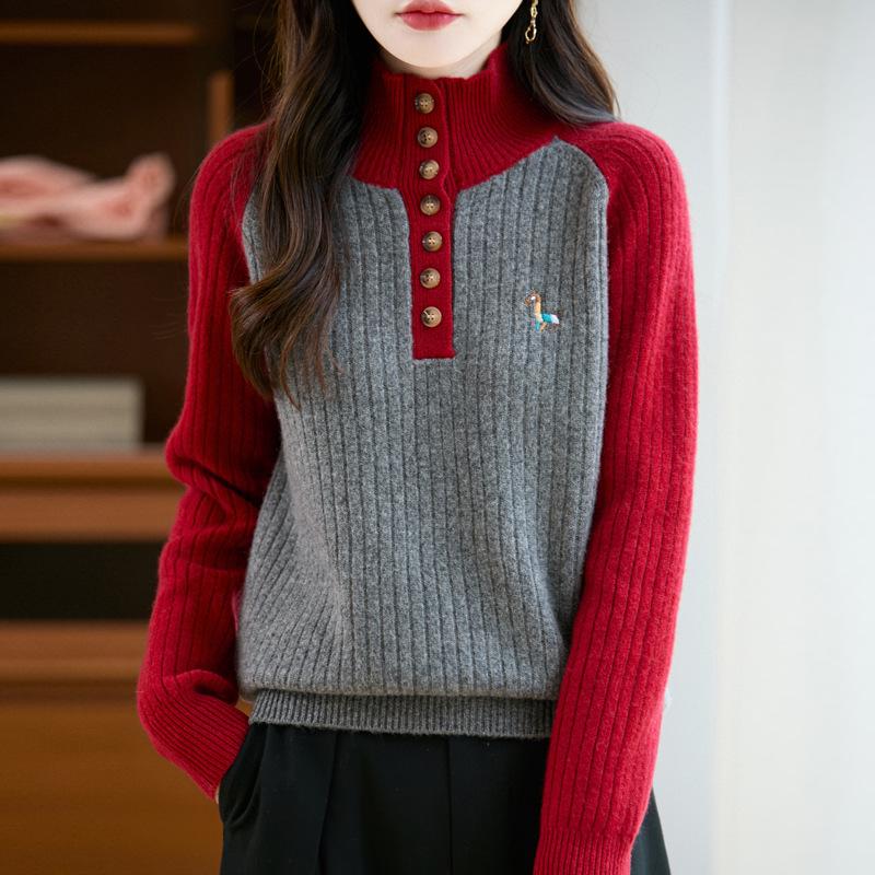 Women's Stand Collar Thick Embroidered Wool Sweater - Autumn/Winter Knitwear with Color Block and Small Horse Logo