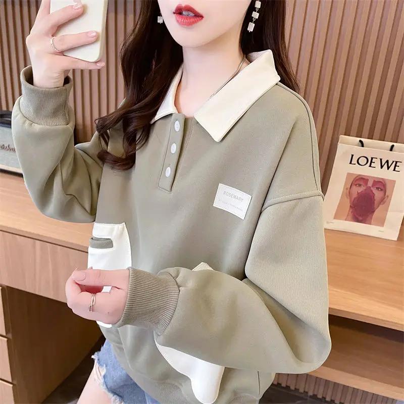 Loose Fit Short Length Plus Velvet Jacket Top Polo Collar Hoodie Women's New Style Contrasting Color