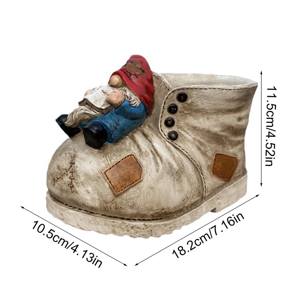 Old Boot Shape Succulents Planter with Gnome Statue Indoor Flowerpots Dwarfs Sculpture Resins Pen Holder for Desktops