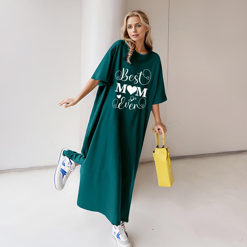 

2026 Women s Summer Loose Plus Size Letter Print T-Shirt Dress - Over-the-Knee Short Sleeve XXXL темно-зеленого