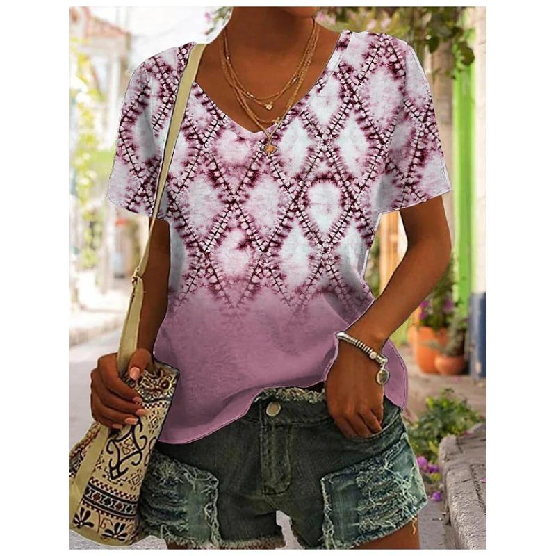 Loose Women's V-Neck Short Sleeve Graffiti Printed Casual Top T-Shirts Women’s