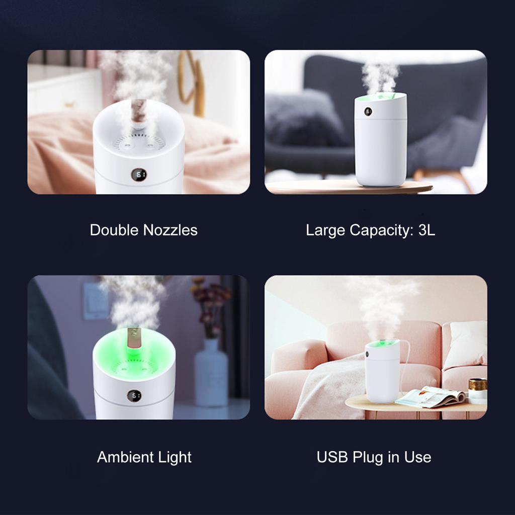 3L Nebel Luftbefeuchter Diffusor mit Feuchtigkeitsanzeige Doppeldüse Kaltnebel Luftbefeuchter Leise Bunt