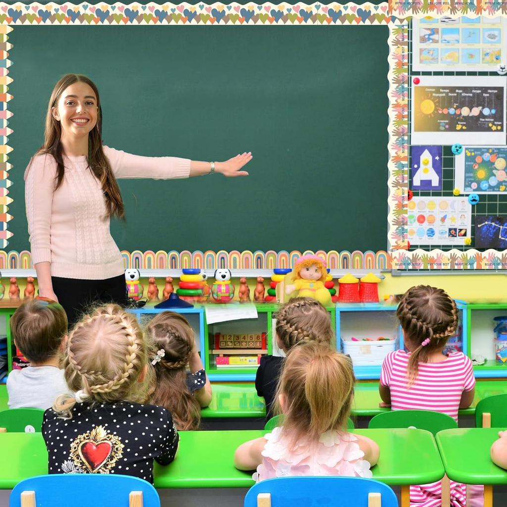 Bulletin Board Borders Classroom, Boho Board Stickers Colorful Heart Rainbow Bulletin Board Scalloped Decorations for Blackboard, Chalkboard, Walls,