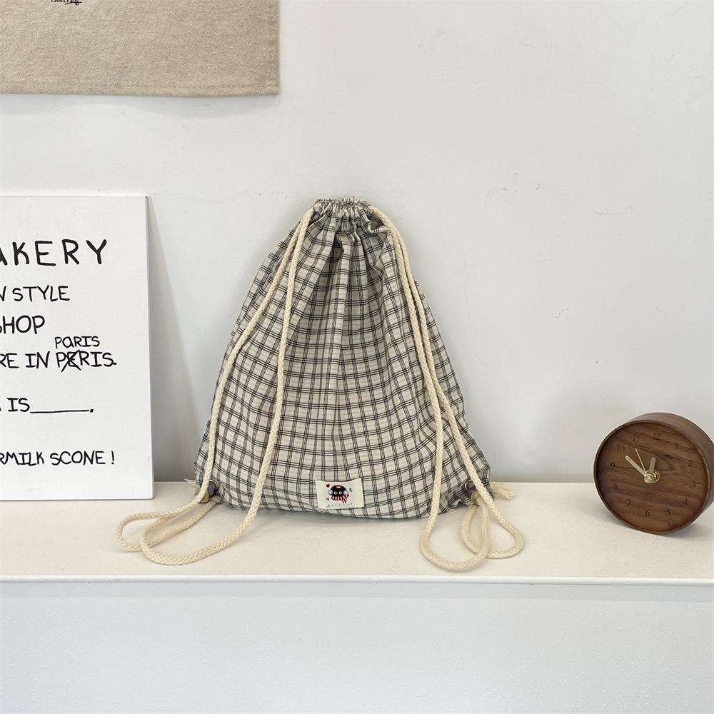 Vintage Korean Plaid Drawstring Bag Y2K Aesthetic Harajuku Plaid Backpack Casual Lightweight Student Schoolbags Outdoor