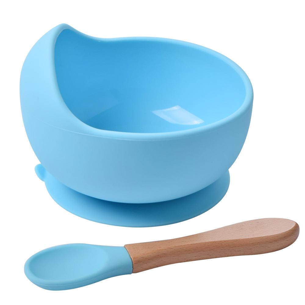Silicone Baby Bowl & Spoon Set with Wooden Handle and Suction Cup