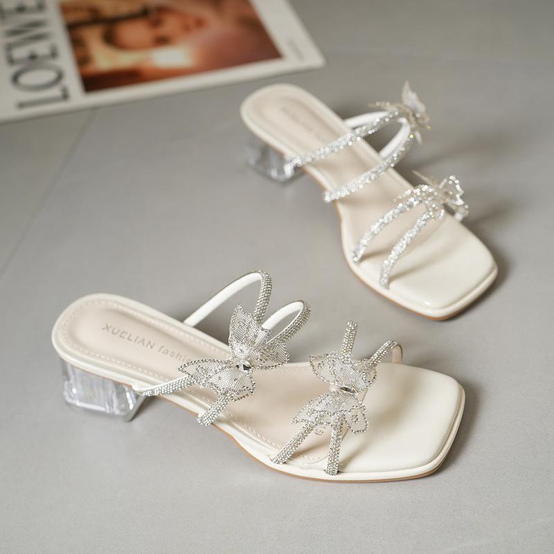 French Thick-heeled Sandals Women's Summer Skirt 2025 New Bow Rhinestone High Heels Casual Open-toed Slippers