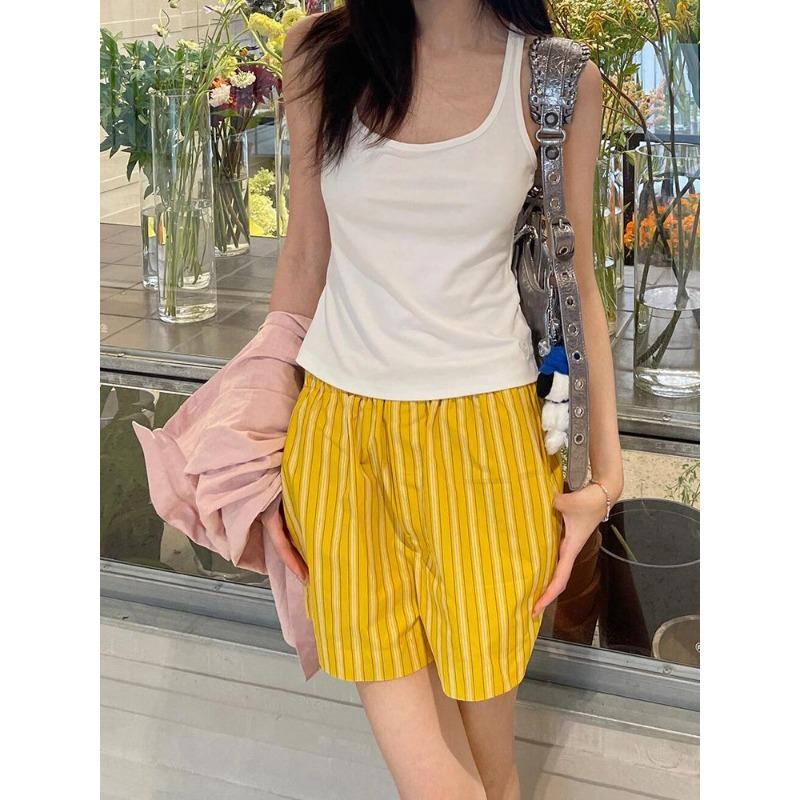 

Ретро-шорты в полоску лимонно-желтого цвета с высокой талией для женщин на весну и лето, новые свободные универсальные домашние брюки 4XL