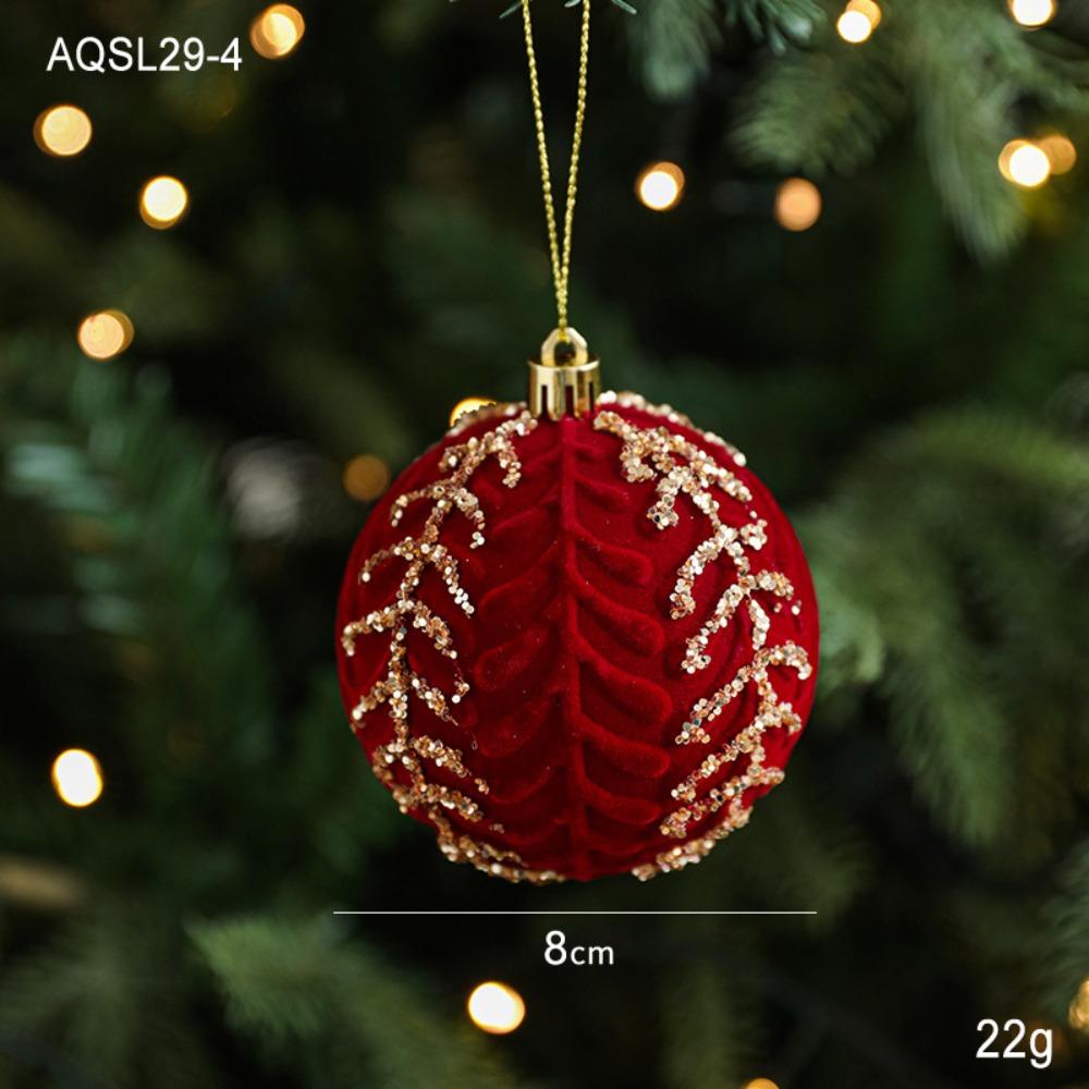 Durable Plastic Flocked Christmas Ball 8cm Red&Gold Xmas Ornament Ball Suspensable Christmas Tree Balls Scene Supplies