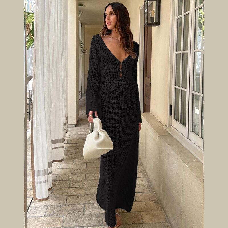 

Knitted Fashion Sexy V-neck Tight Beach Dress Black M