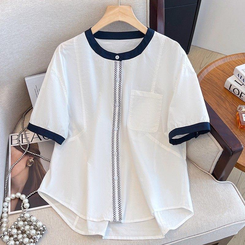 

2026 Summer Korean High-End Color Block Loose Plus Size Cotton Short Sleeve Women s Shirt L белый