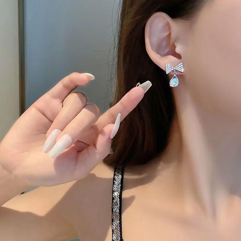 S925 Sterling Silver Zirconia Bowknot Earrings: Fashionable Crystal Inlaid Rhinestone Drops for Women