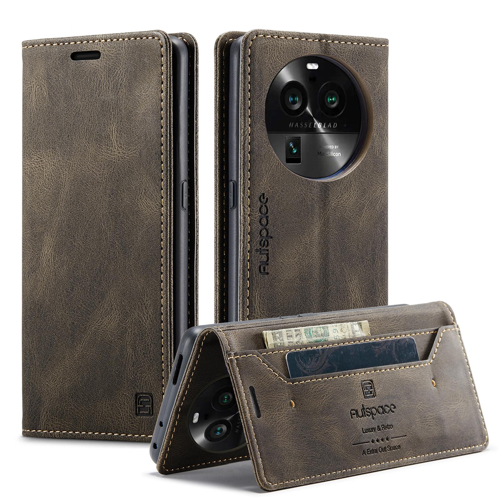 

For Oppo Find X6 Wallet Case AUTSPACE A01 Leather Stand Cover with RFID Blocking Card Holder Coffee