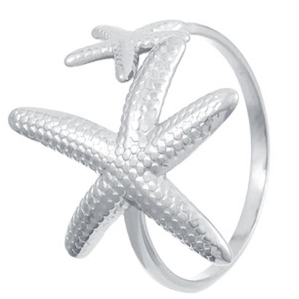 Stainless Steel Starfish & Seashell Open Ring - Ocean Holiday Style Jewelry for Women