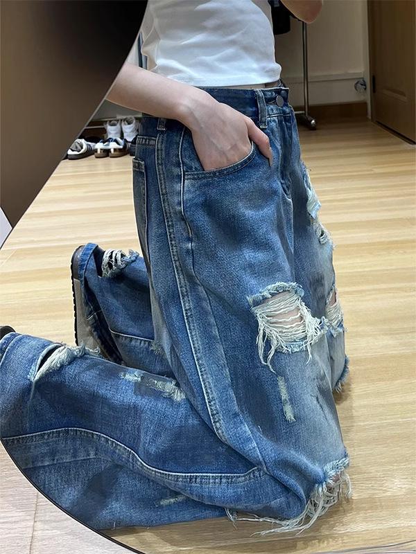 Women's Retro Distressed Loose Straight Ripped Jeans