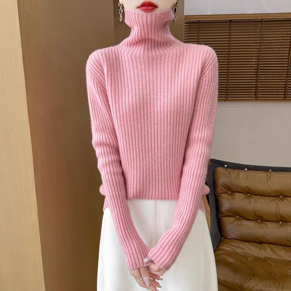 Women's High Neck Wool Sweater - Slim Fit, 100% Wool, Striped, Autumn/Winter Knit Pullover