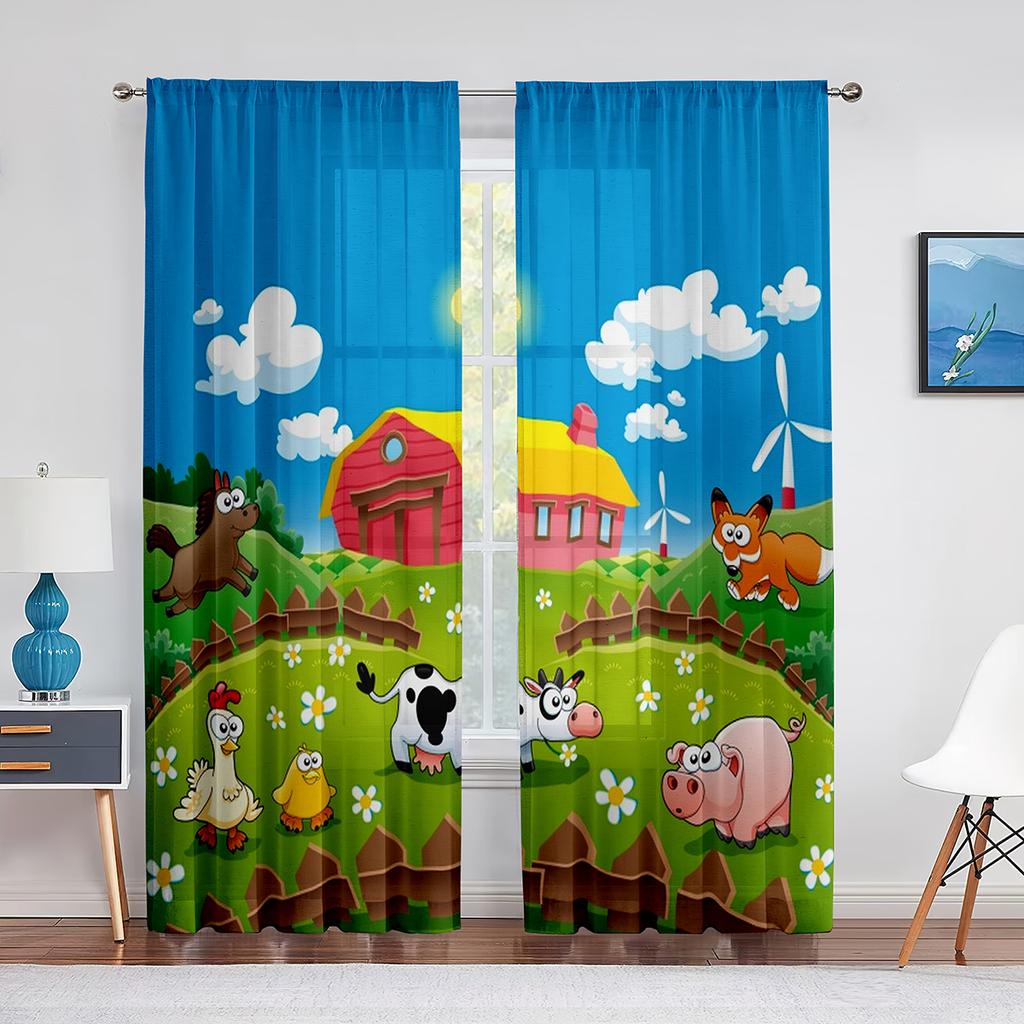 Cartoon Farm Animals Sheer Voile Curtain Cute Sheep Cow Pig In Rural Ranch Window Tulle Curtains for Living Room Bedroom Kitchen