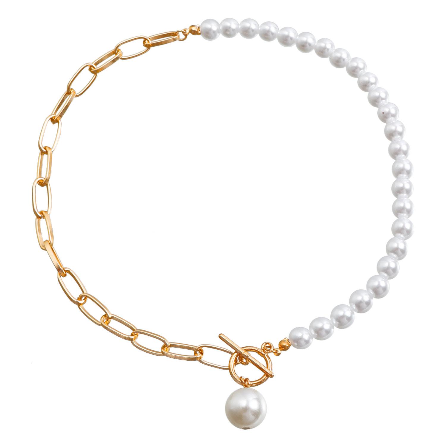 

Niche woven geometric imitation pearls stacked collarbone chain versatile OT buckle splicing chain simple retro beaded necklace