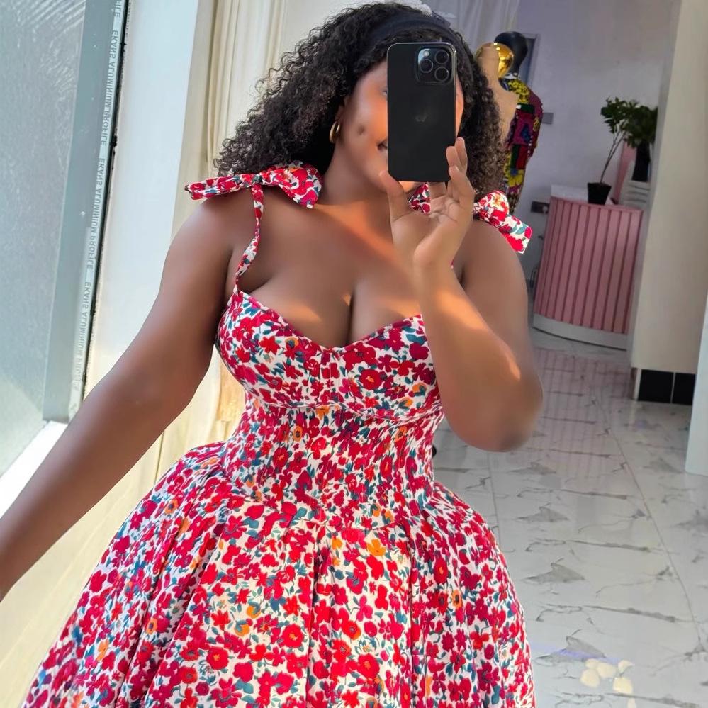 Spring 2025 Elegant Floral A-line Dress with Bow and Spaghetti Straps