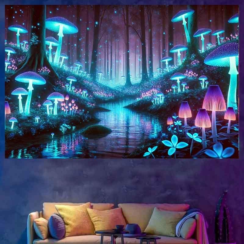 1 Piece Fluorescent Mushroom Forest Tapestry -Polyester Material, Bedroom/Living Room/Dorm Decoration-With Free Installation Kit