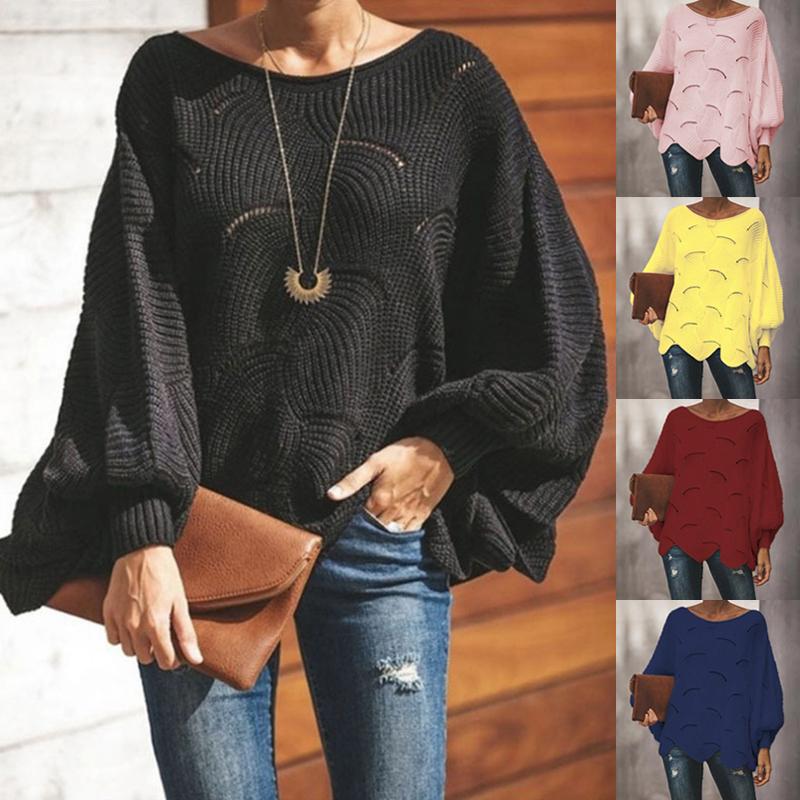 

Женские свободные вязаные женские пуловеры с круглым вырезом и вырезом, однотонный женский топ с рукавами-фонариками