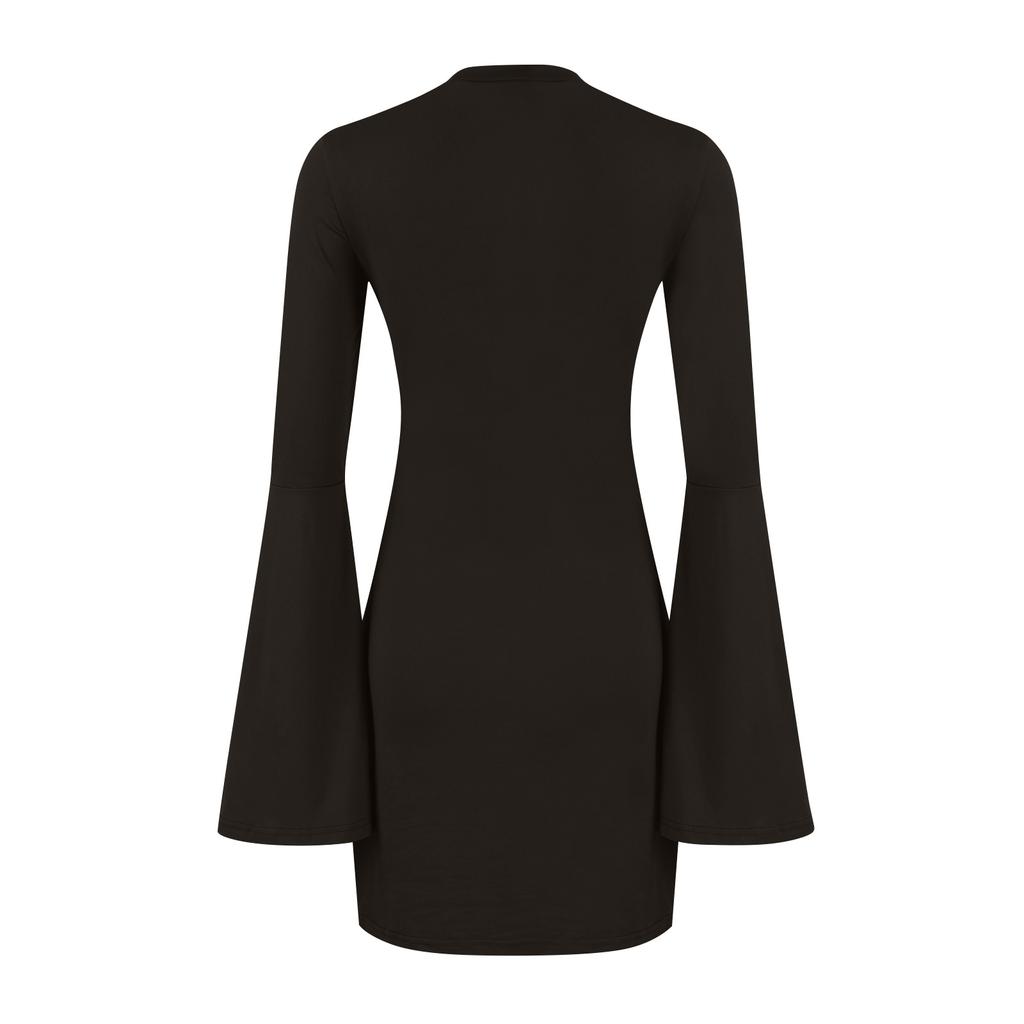 Einfarbige Kleider für Damen im Herbst und Winter mit langen Ärmeln, ausgestellten Ärmeln und Rundhalsausschnitt