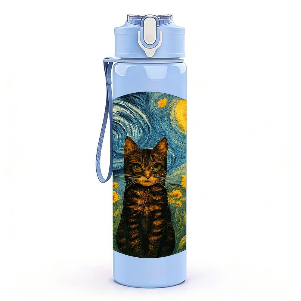 1PC Sunflower Cat Van Gogh Art 750ml Color Plastic Sports Water Bottle Leakproof Flip Straw Lid Suitable for Sports Office Home Use