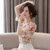 Floral Printed Chiffon Shirt Women's Summer New Women's Short Sleeve Off Shoulder Beaded Top V Neck Blouse