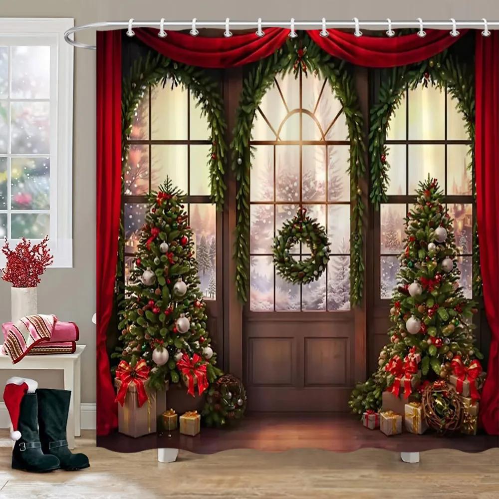 Weihnachtsparty Duschvorhänge Kamin Weihnachtsbaum und Geschenke Schneemann Schneeszene Waschbarer Duschvorhang Kunst Badezimmer Dec