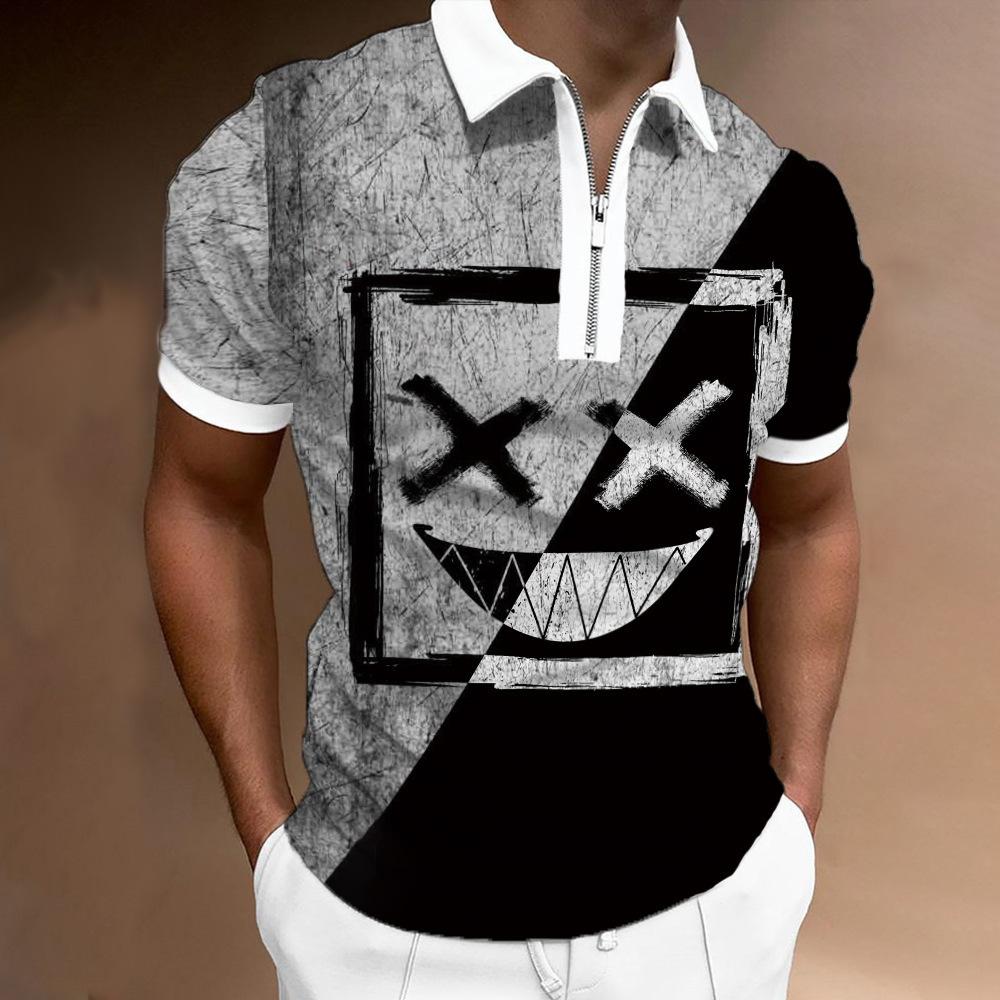 European and American Men's Clothing Summer New Loose Round Neck Funny Geometric Printing Short-sleeved POLO Shirt and Top