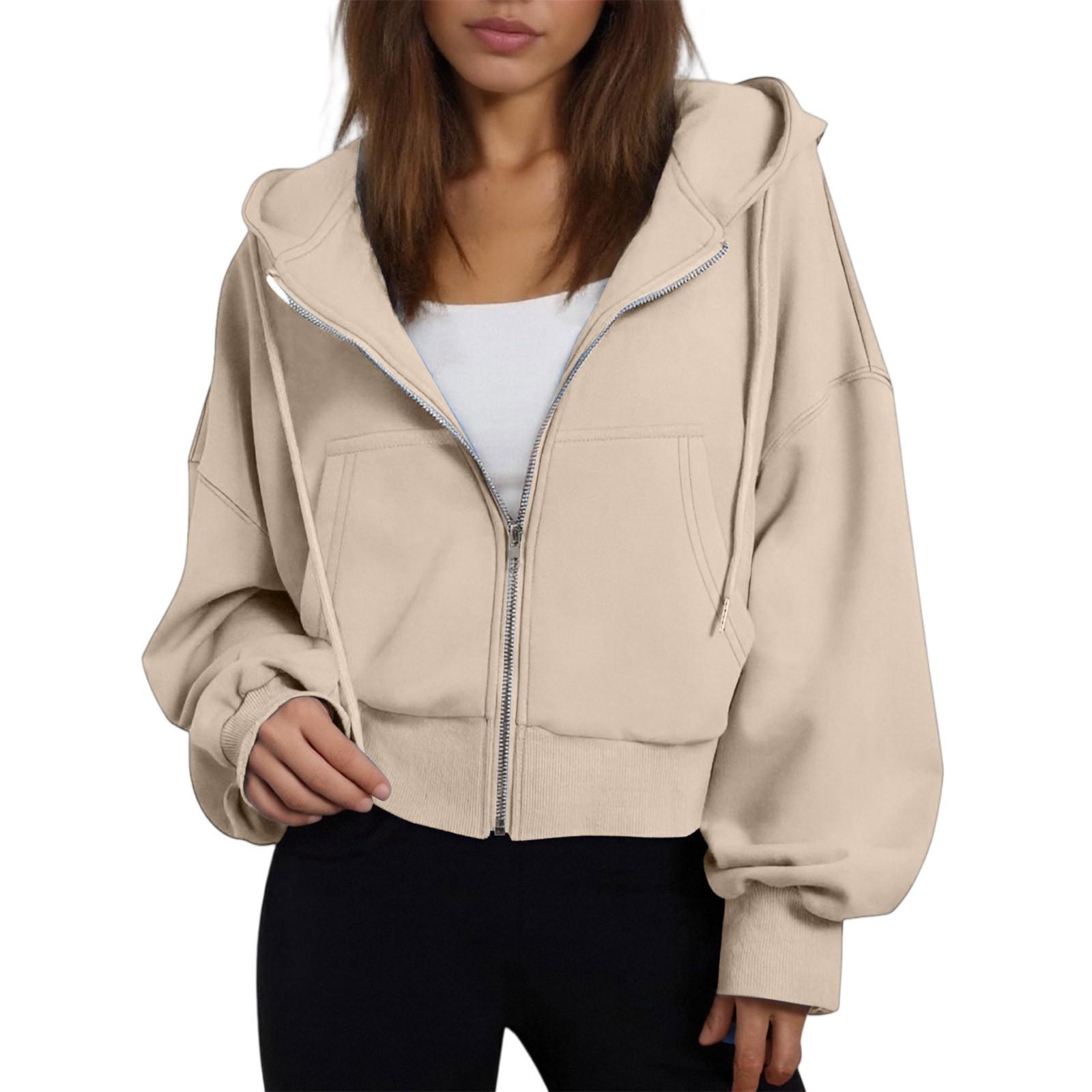 

Women s Fashion Winter Long Sleeve Hooded Zipper Solid Color Loose Hooded Jacket XXL хаки