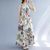 Plus Size Women Summer Retro Floral Print Sleeveless Dress Round Neck Cotton Linen Loose Long Maxi Dresses